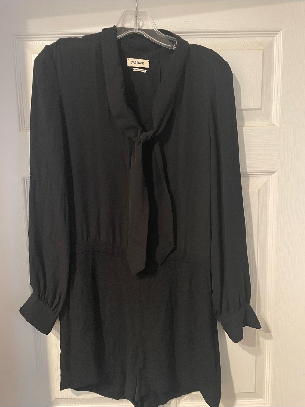L'Agence Black Tie-Neck Long Sleeve Romper
